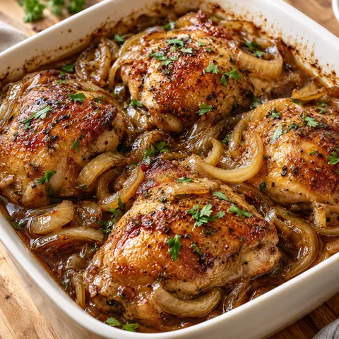 Geschmorte Hähnchenschenkel mit Zwiebeln in dunkler Sauce