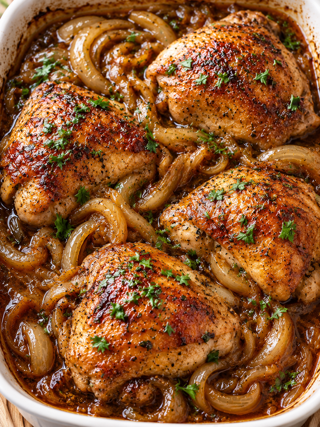 Gebräunte Hähnchenschenkel mit Zwiebeln und glänzender Sauce