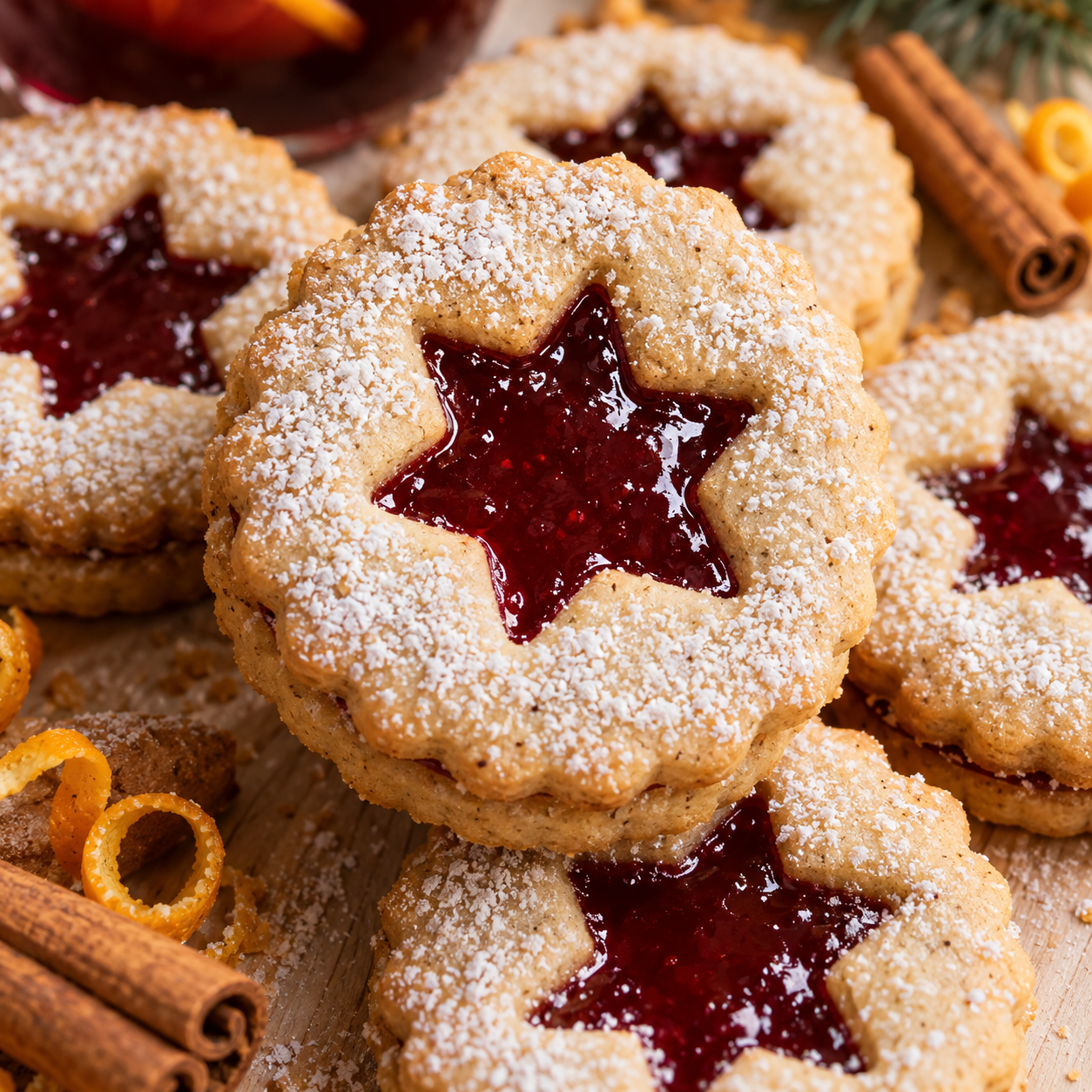 Glühwein-Plätzchen mit rotem Gelee und Puderzucker auf hellem Teller