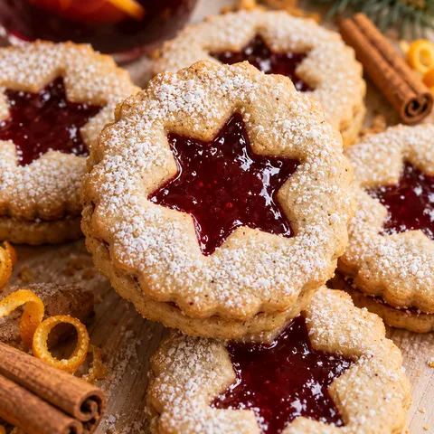 Glühwein-Plätzchen mit rotem Gelee und Puderzucker auf hellem Teller