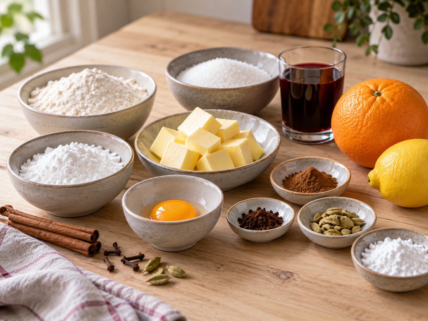 Zutaten für Glühwein-Plätzchen mit Butter, Gewürzen, Orange und Glühwein