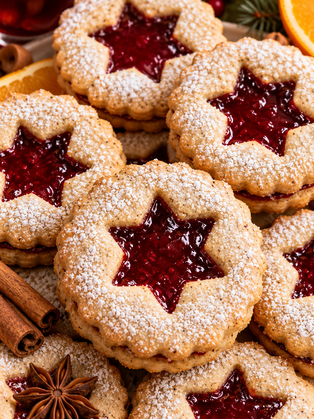 Gefüllte Glühwein-Plätzchen mit rotem Geleefenster und Puderzucker