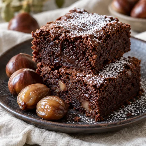 Glutenfreier Marronikuchen in dunklen Stücken mit Puderzucker und Maronen