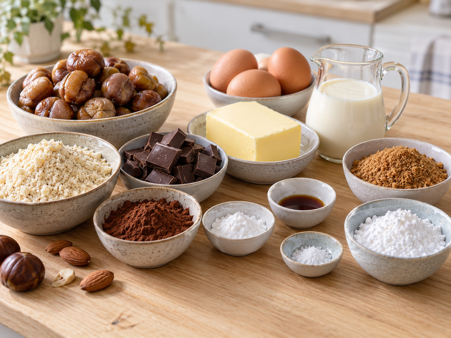 Zutaten für glutenfreien Marronikuchen mit Maronen, Mandeln und Schokolade