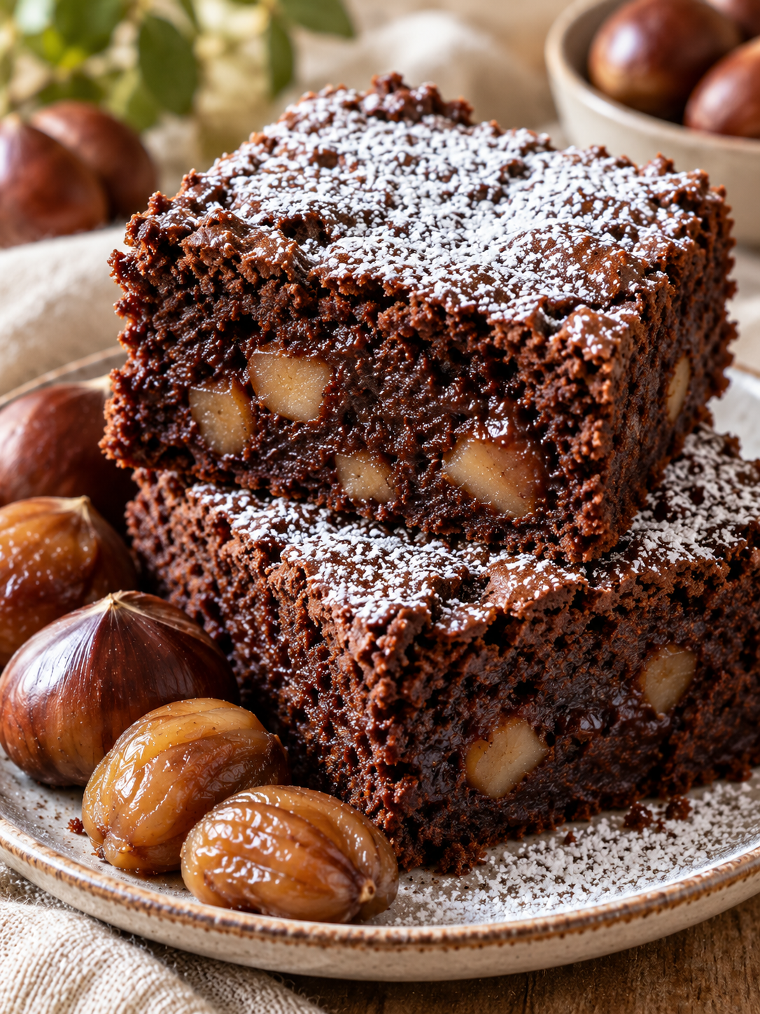 Saftiger glutenfreier Marronikuchen mit Puderzucker und Maronen