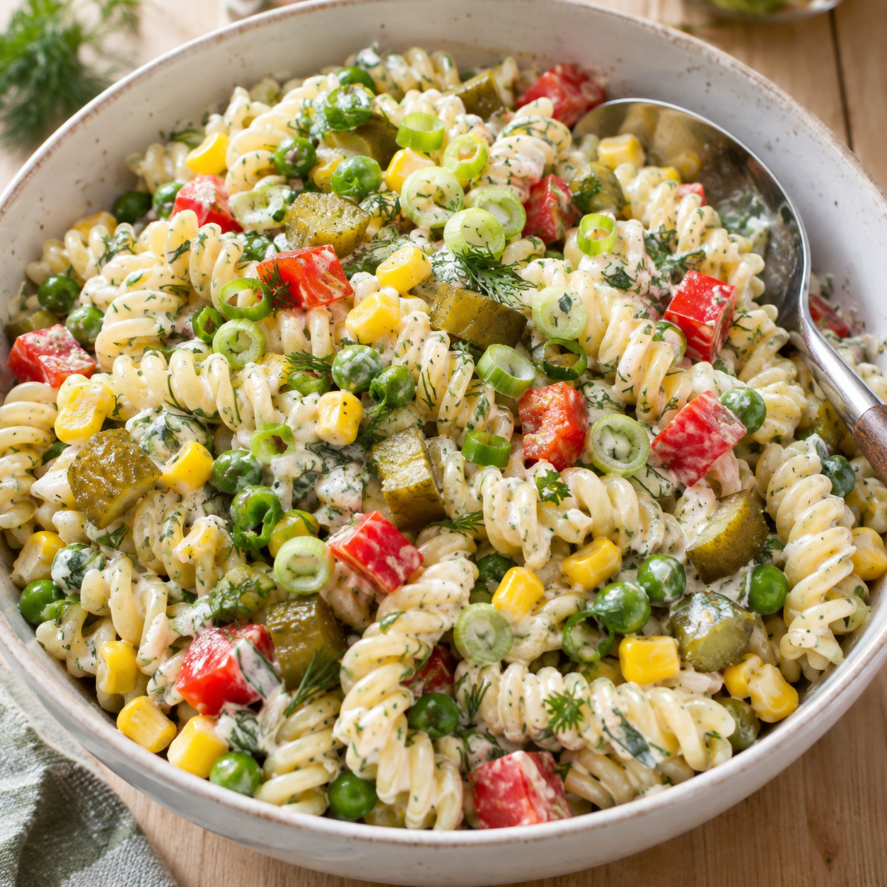 Glutenfreier Nudelsalat mit Paprika, Mais, Erbsen und Kräutern