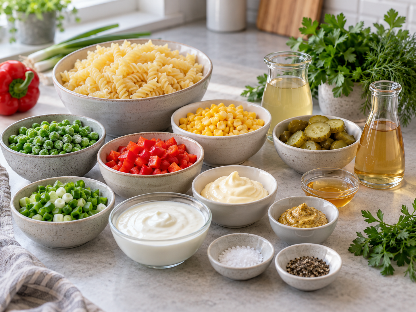 Zutaten für glutenfreien Nudelsalat mit Gemüse und cremigem Dressing