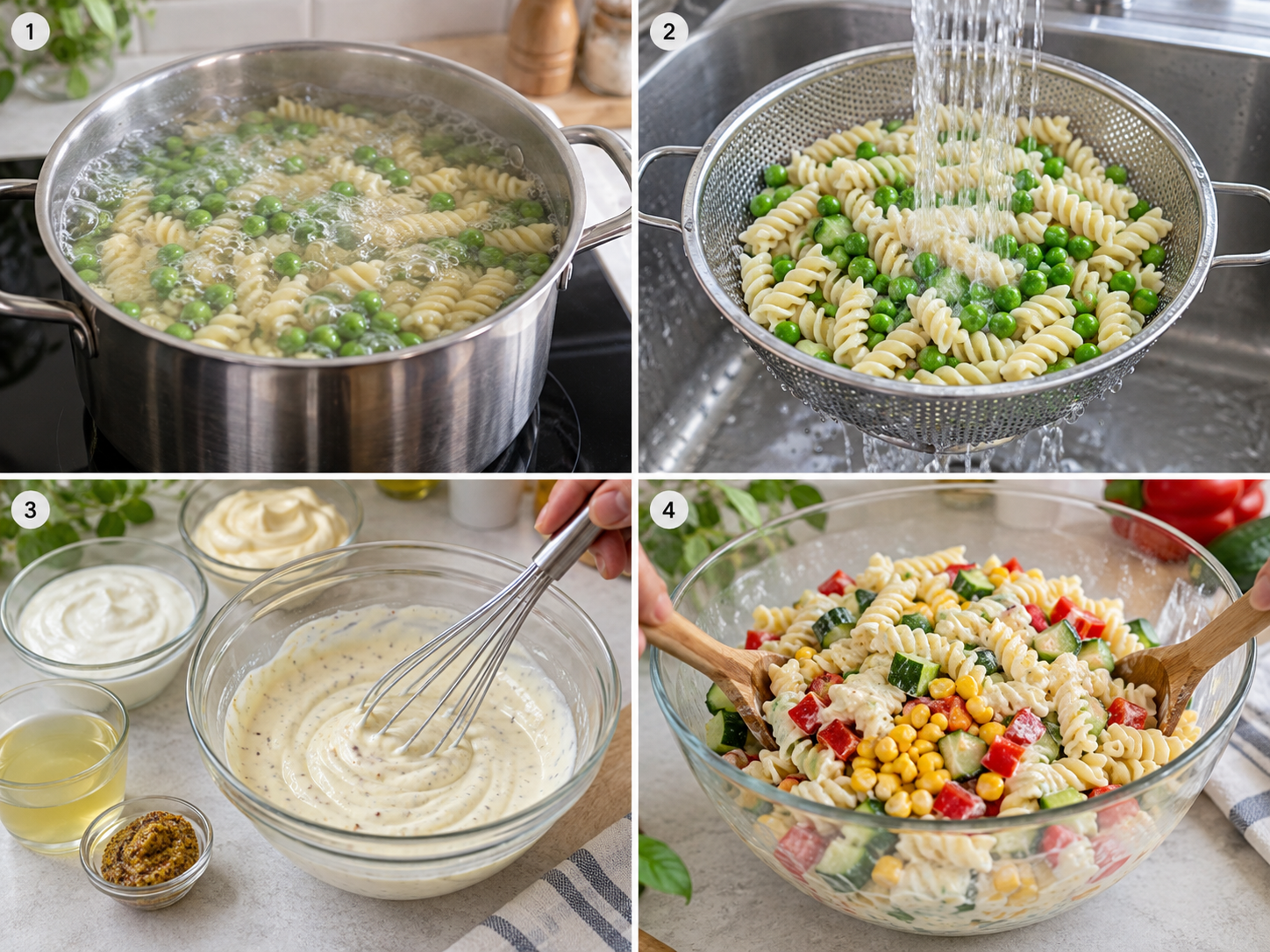 Vier Schritte für glutenfreien Nudelsalat vom Kochen bis zum Mischen