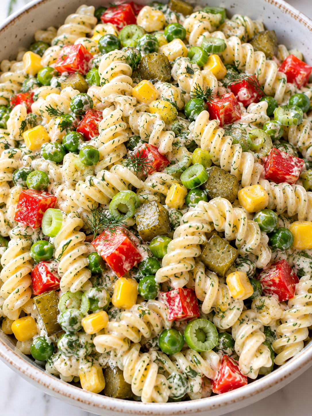 Cremiger glutenfreier Nudelsalat mit buntem Gemüse in einer Schüssel
