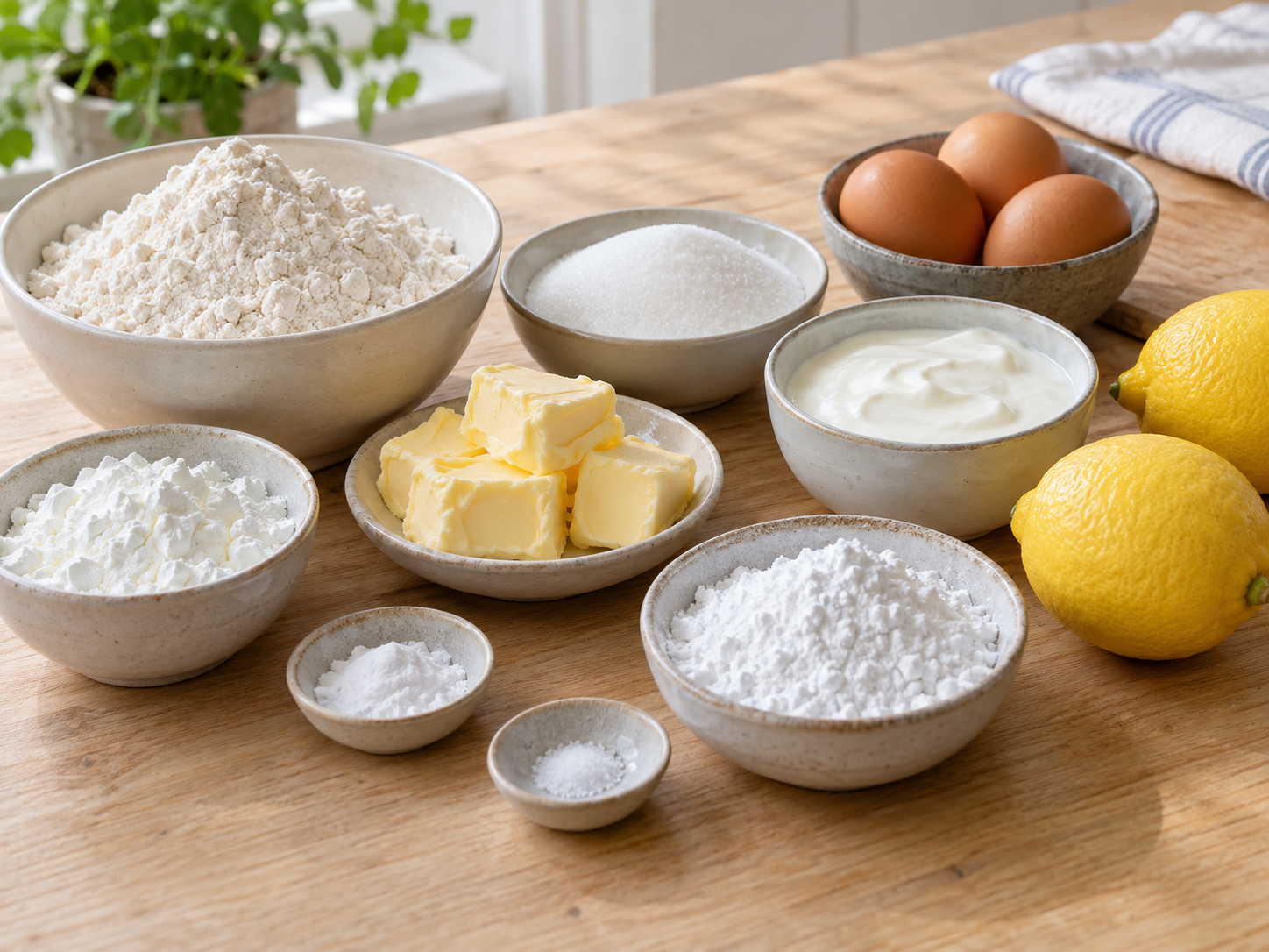 Zutaten für glutenfreien Zitronenkuchen mit Zitronen und Mehlmischung