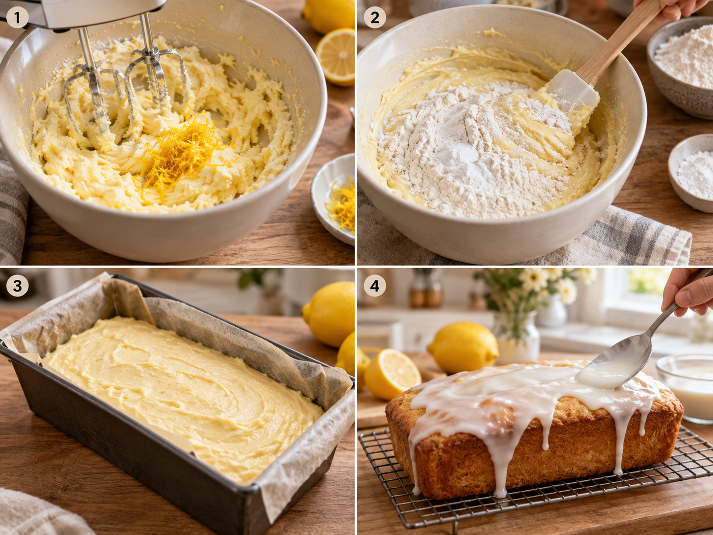 Vier Schritte für glutenfreien Zitronenkuchen vom Teig bis zur Glasur