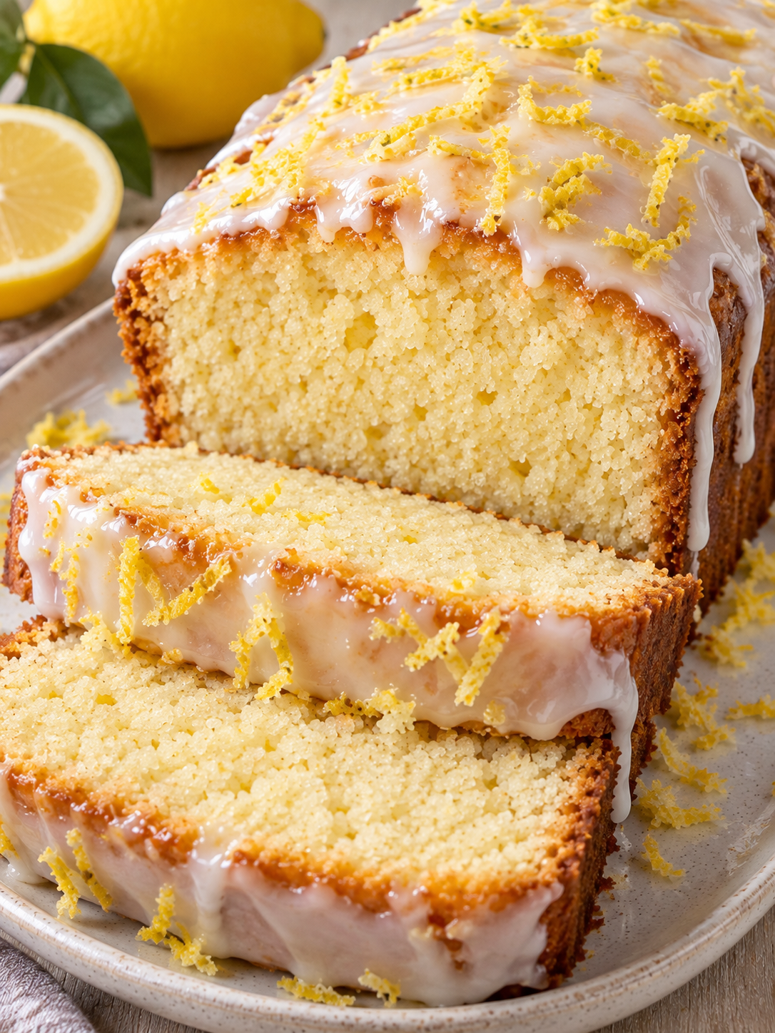 Saftige Scheiben glutenfreier Zitronenkuchen mit hellem Guss