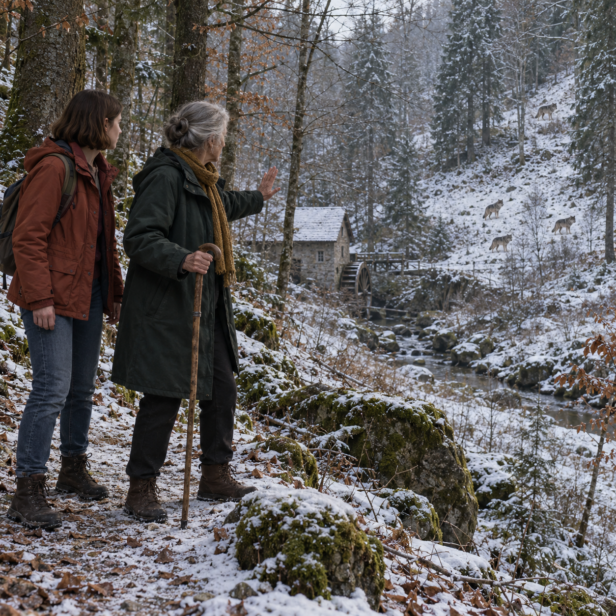Anna steht mit ihrem Stock neben Liv auf einem winterlichen Waldweg; vier erwachsene Wölfe sind am entfernten Gegenhang sichtbar.