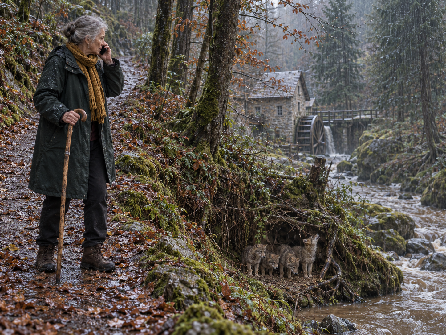 Anna verständigt vom sicheren Waldweg aus Hilfe; unterhalb der Böschung sitzen vier Wolfsjunge auf einem Erdabsatz über dem Wasser.