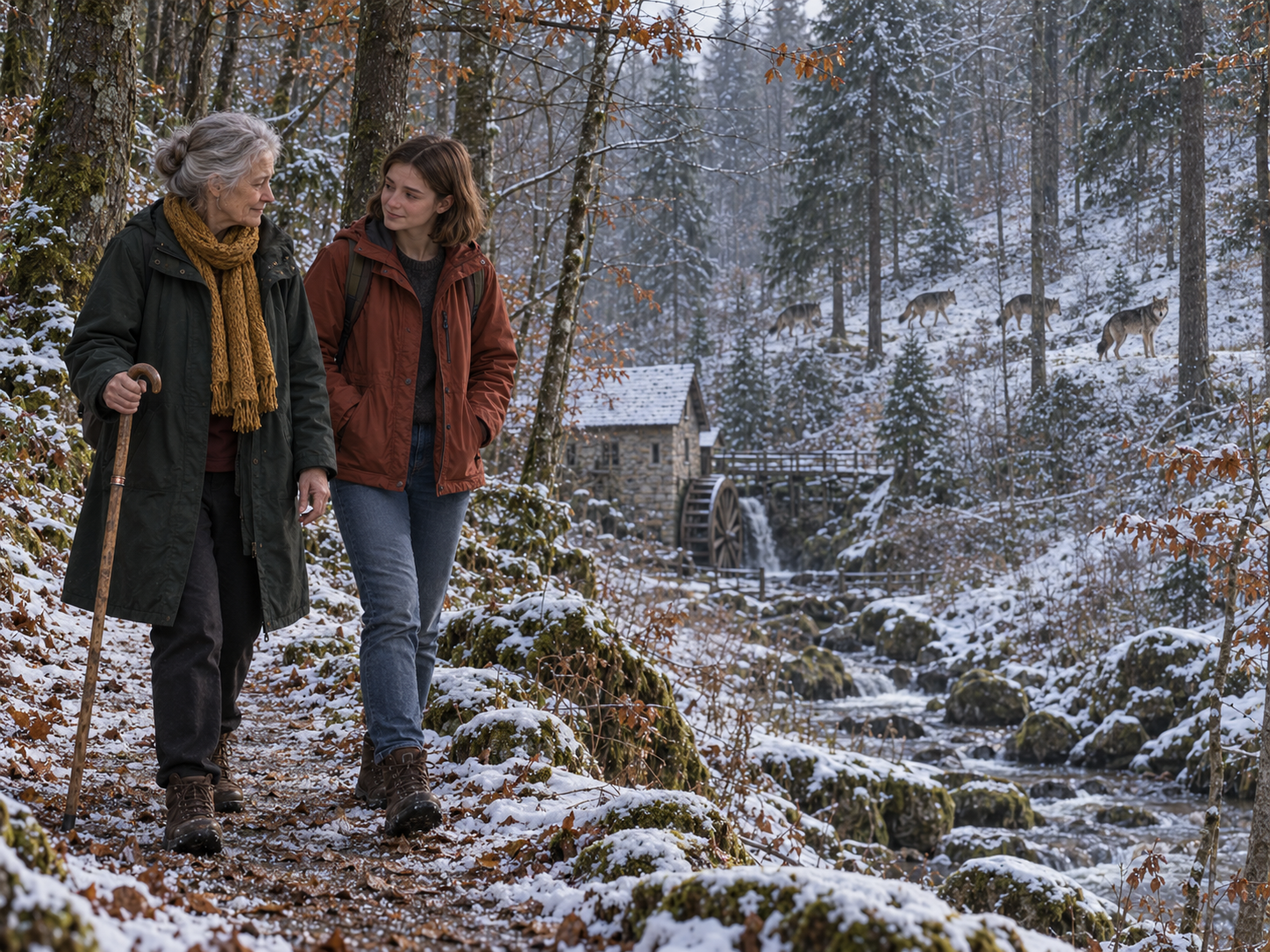 Anna und Liv kehren auf ihrem Waldweg um, während vier weit entfernte Wölfe am Gegenhang zwischen den Bäumen verschwinden.