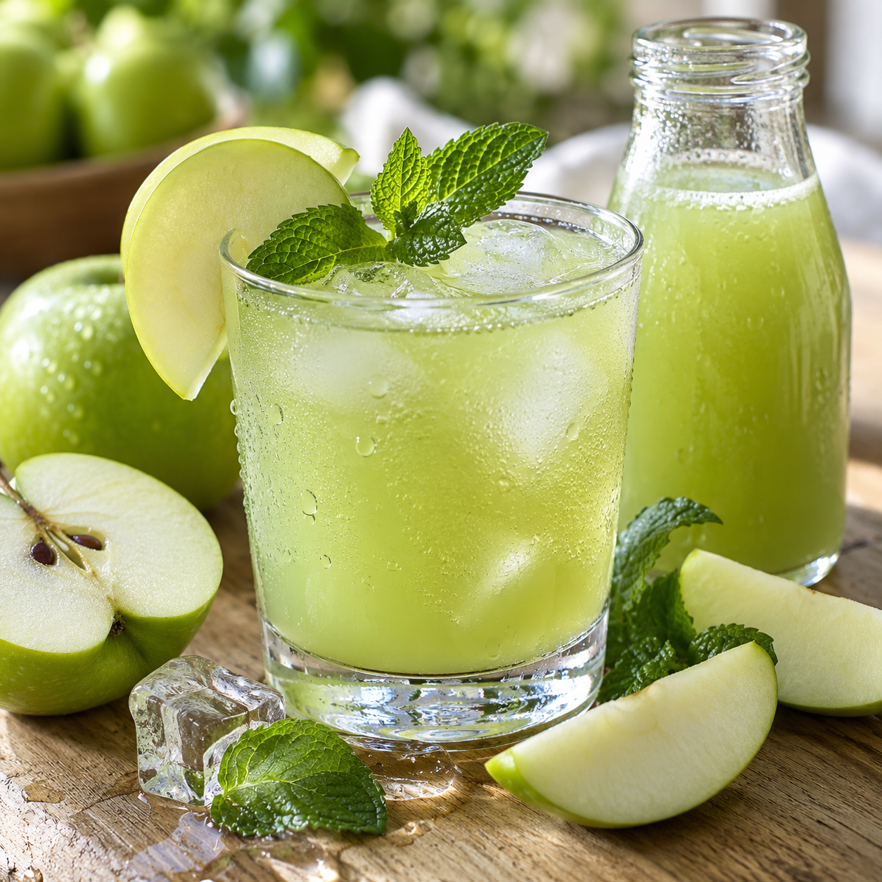 Grüner Apfelsaft mit Eis, Apfelscheiben und Minze im Glas