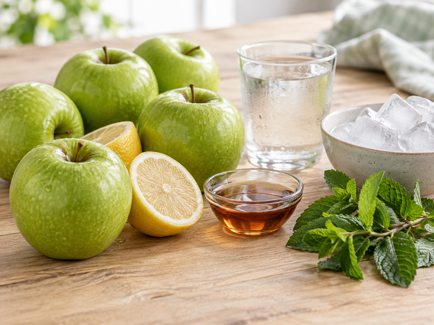 Grüne Äpfel, Zitrone, Wasser, Ahornsirup, Eis und Minze