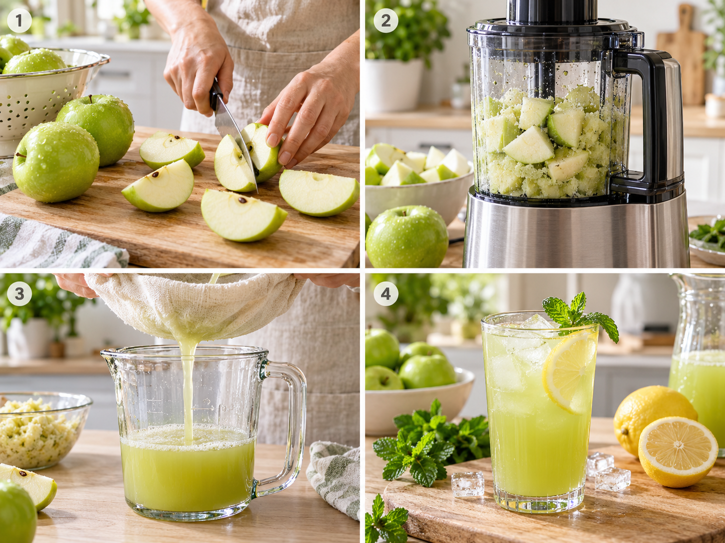 Vier Schritte vom Schneiden grüner Äpfel bis zum fertigen Saft