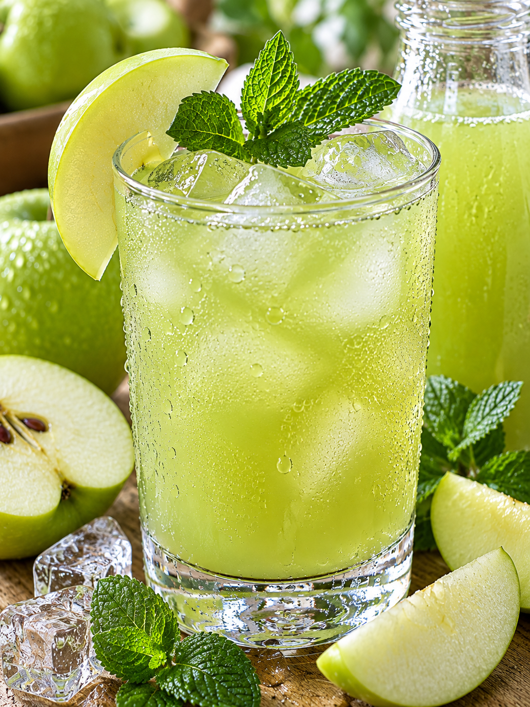 Blassgrüner Apfelsaft mit Eis, Apfelscheiben und Minze