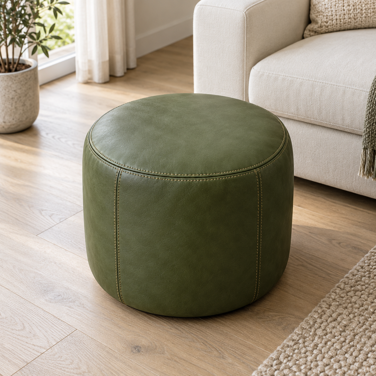 Runder grüner Sitzpouf mit Ziernähten neben einem cremefarbenen Sofa.