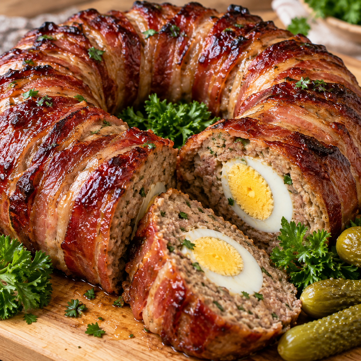 Hackbraten-Kranz im Speckmantel mit Eiern und Petersilie