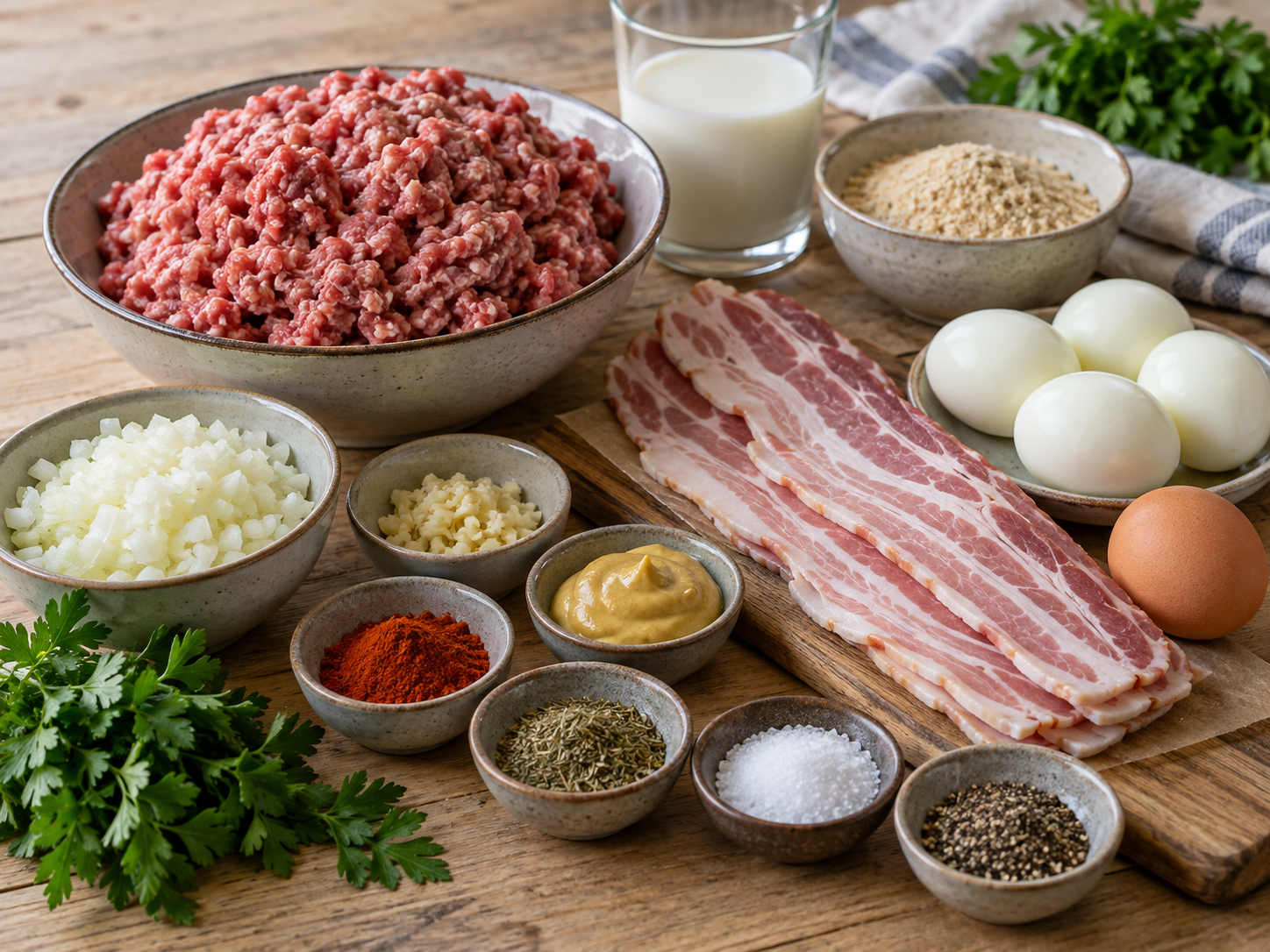 Zutaten für Hackbraten-Kranz mit Speck, Hackfleisch und Eiern