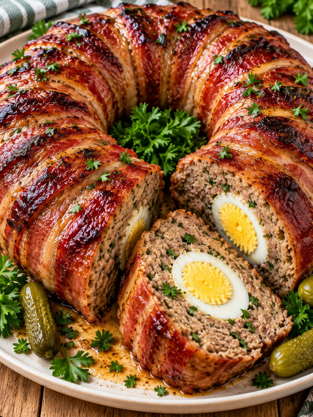 Saftiger Hackbraten-Kranz mit Speckmantel und sichtbaren Eiern