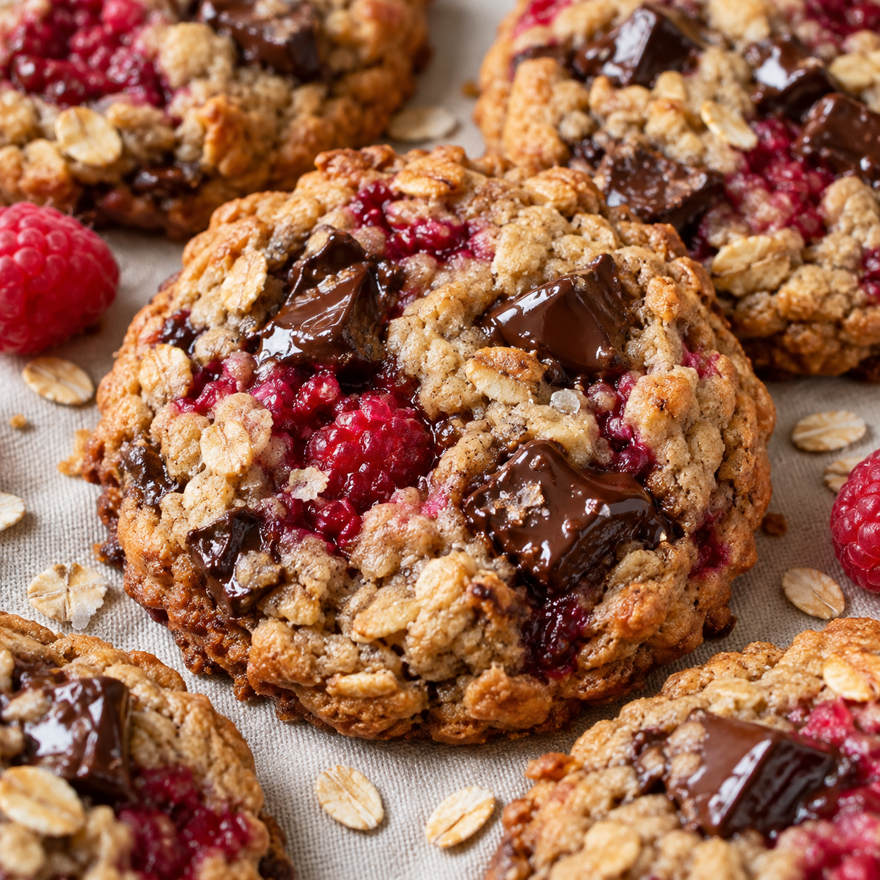 Haferkekse mit Schokolade und Himbeeren auf hellem Leinen