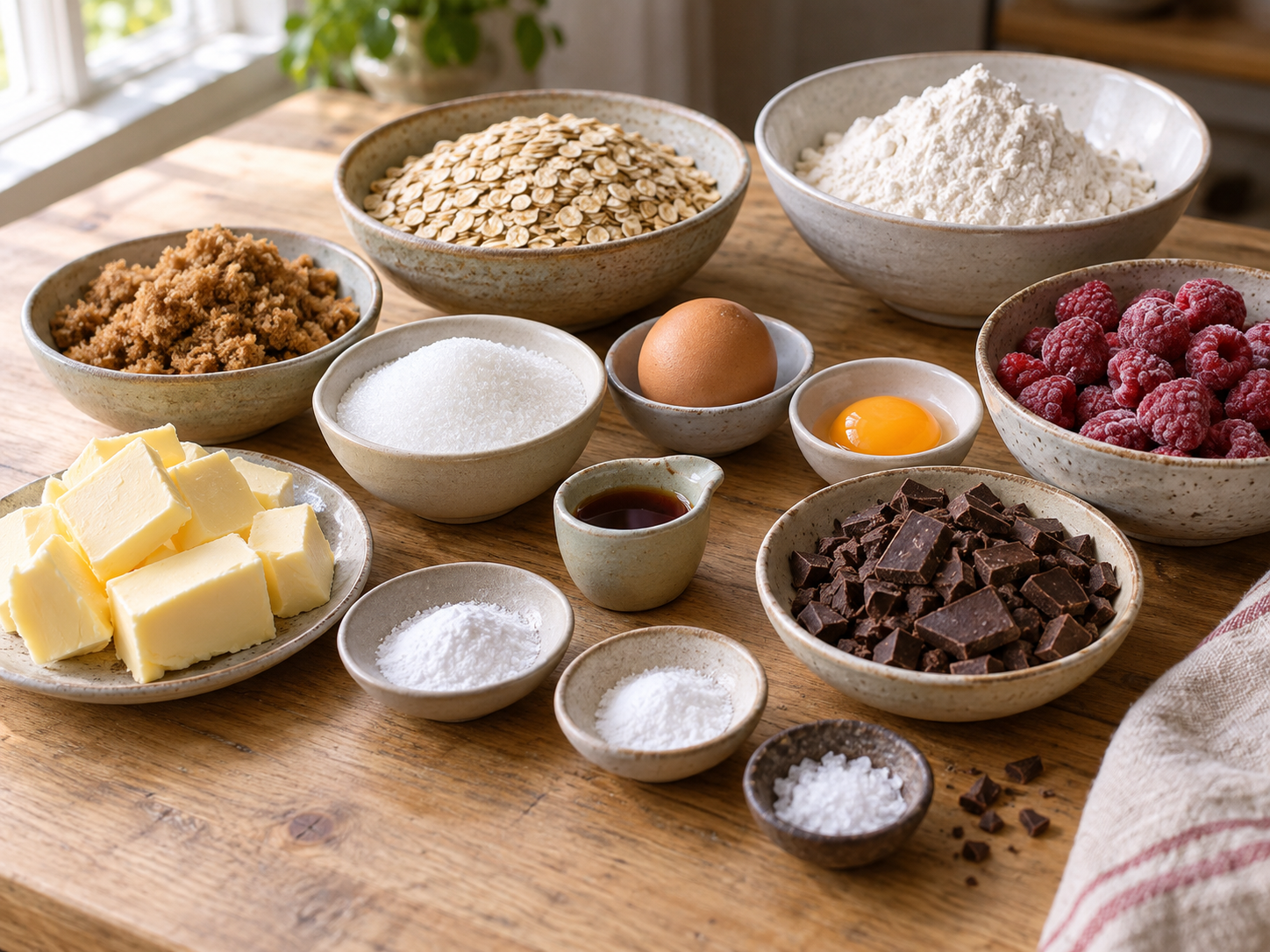 Zutaten für Haferkekse mit Schokolade, Himbeeren und brauner Butter