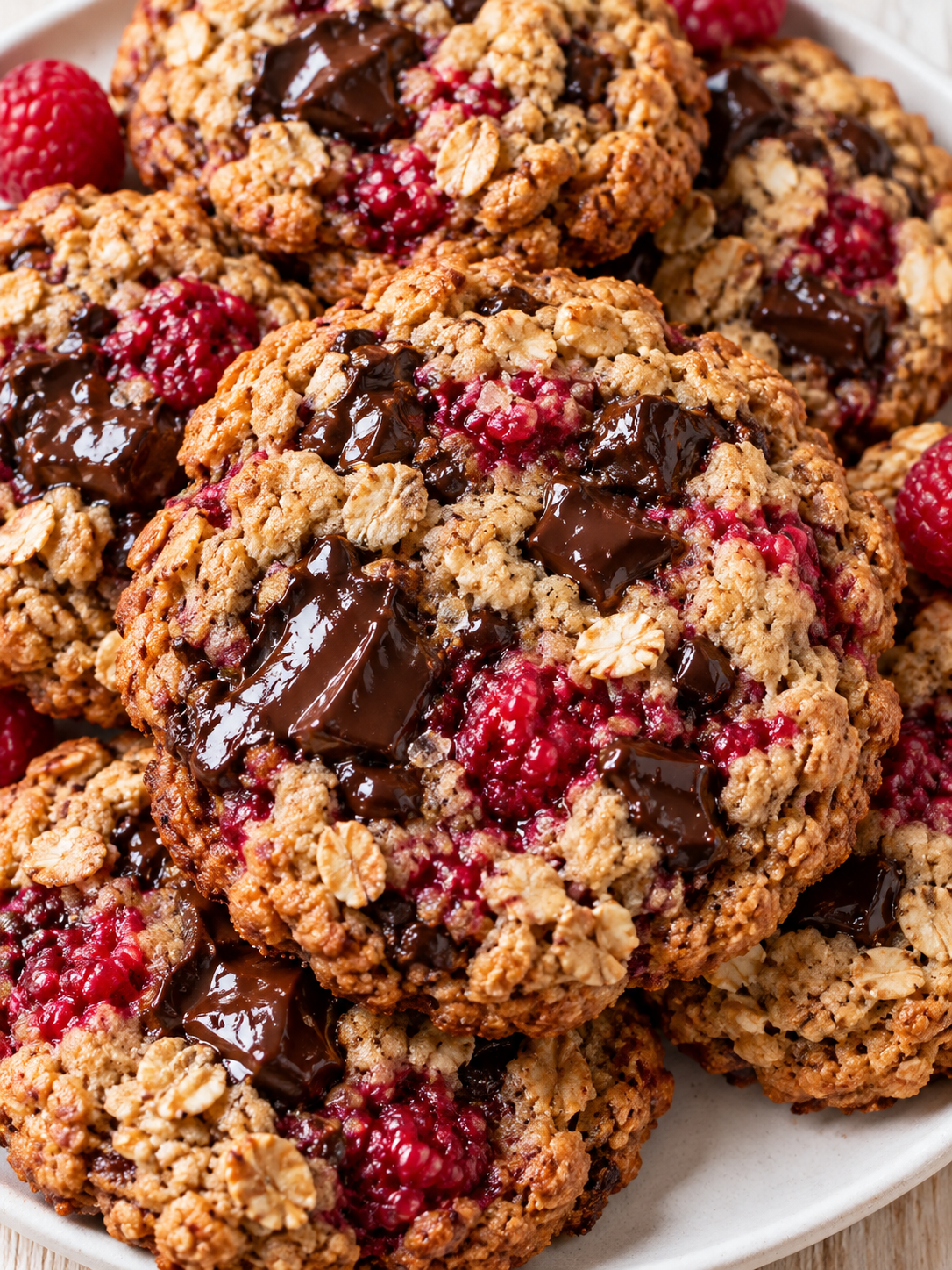 Goldbraune Haferkekse mit dunkler Schokolade und Himbeeren