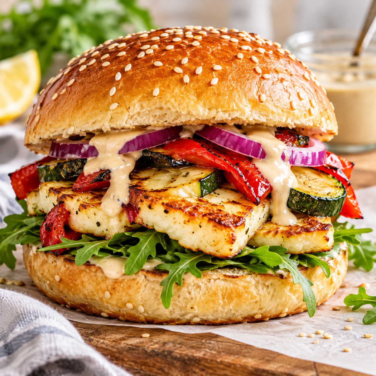 Halloumi-Burger mit Grillgemüse, Rucola und Tahini-Sauce