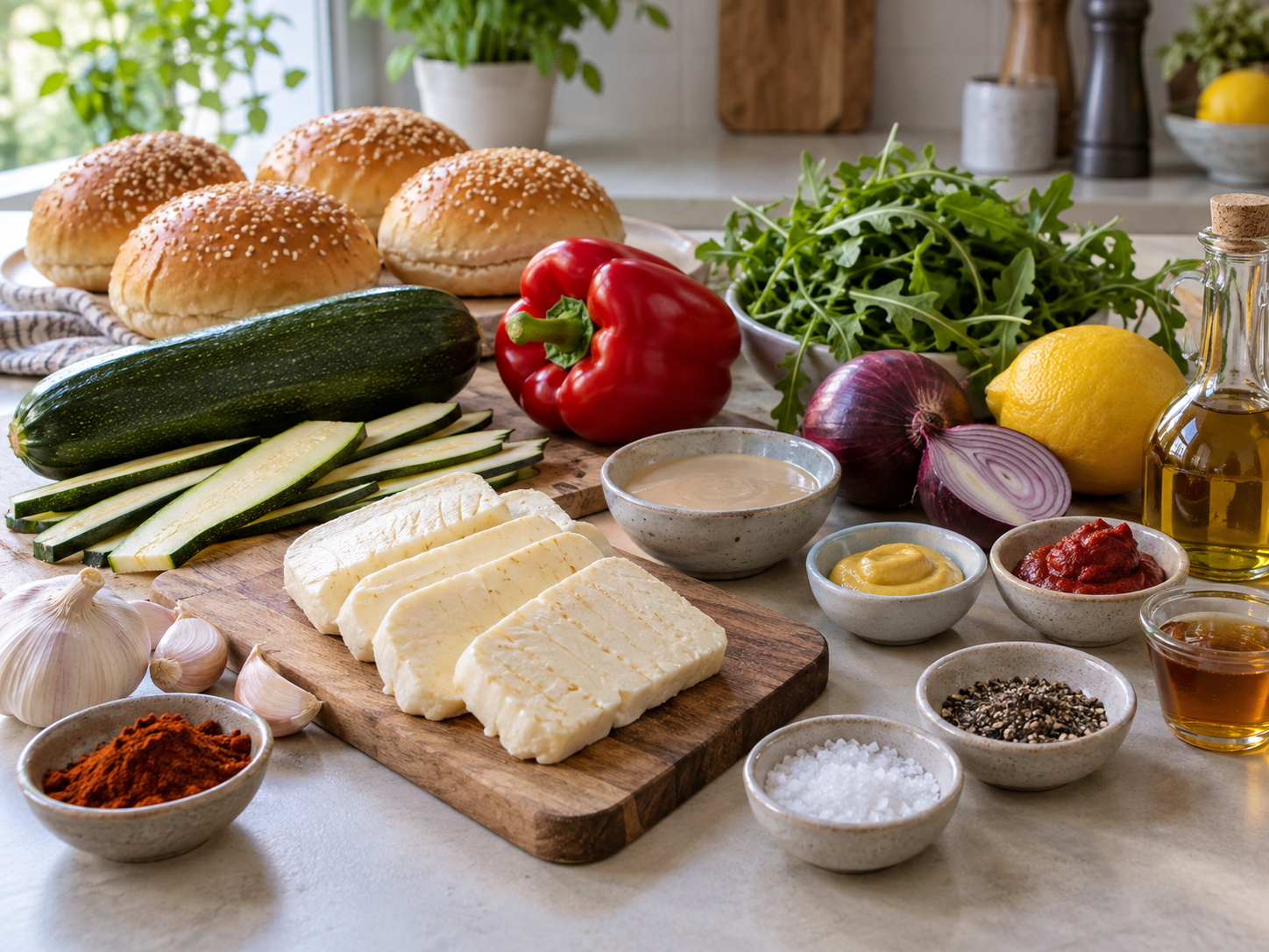 Zutaten für Halloumi-Burger mit Gemüse und Tahini-Sauce