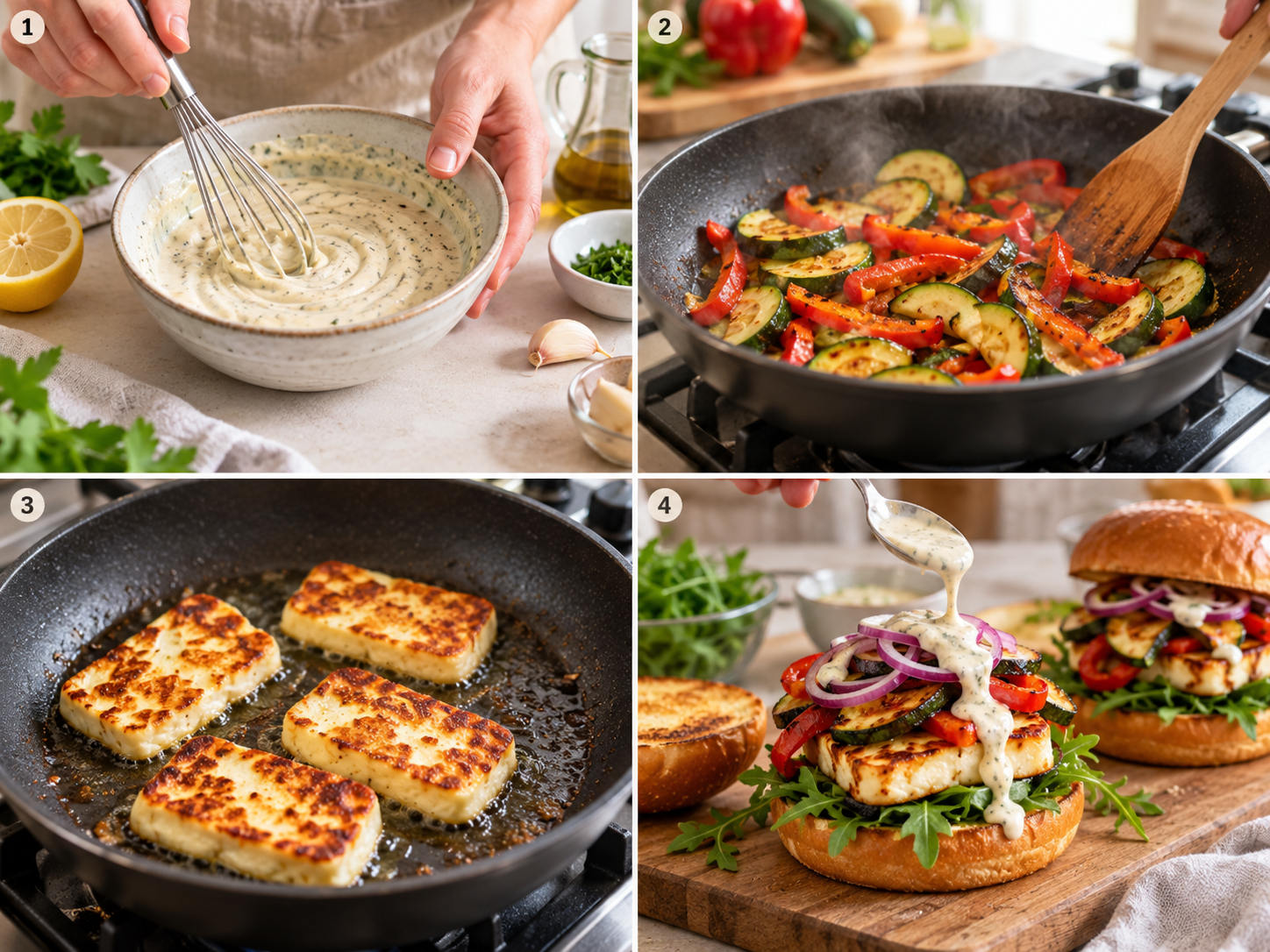 Vier Zubereitungsschritte für Halloumi-Burger mit Gemüse