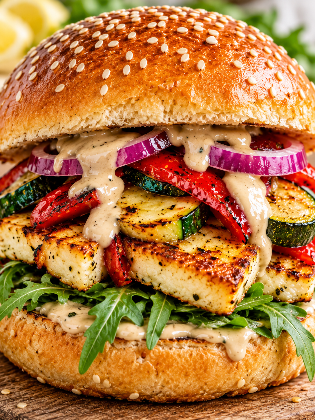 Saftiger Halloumi-Burger mit Rucola, Paprika und Tahini-Sauce