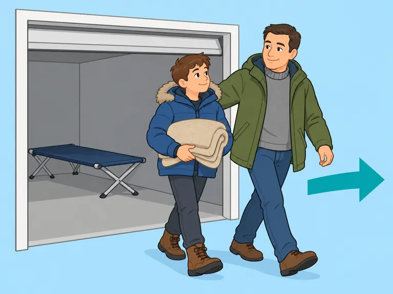 Der Vater begleitet seinen Sohn aus der Garage an einen geschützten Ort.