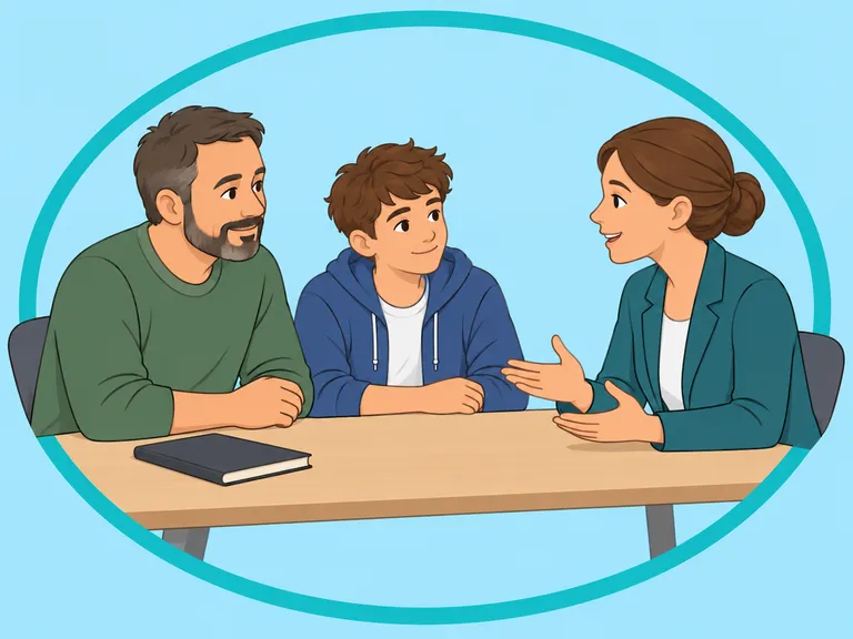 Vater und Sohn besprechen ihre Schutzbedenken mit einer Fachkraft.