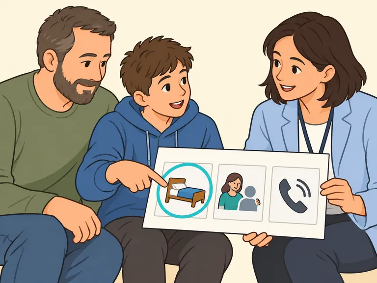 Der Sohn beteiligt sich mit seinem Vater und einer Fachkraft an der Planung eines sicheren Schlafplatzes.