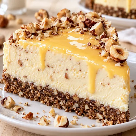 Haselnuss-Cheesecake mit Eierlikörguss und gerösteten Nüssen