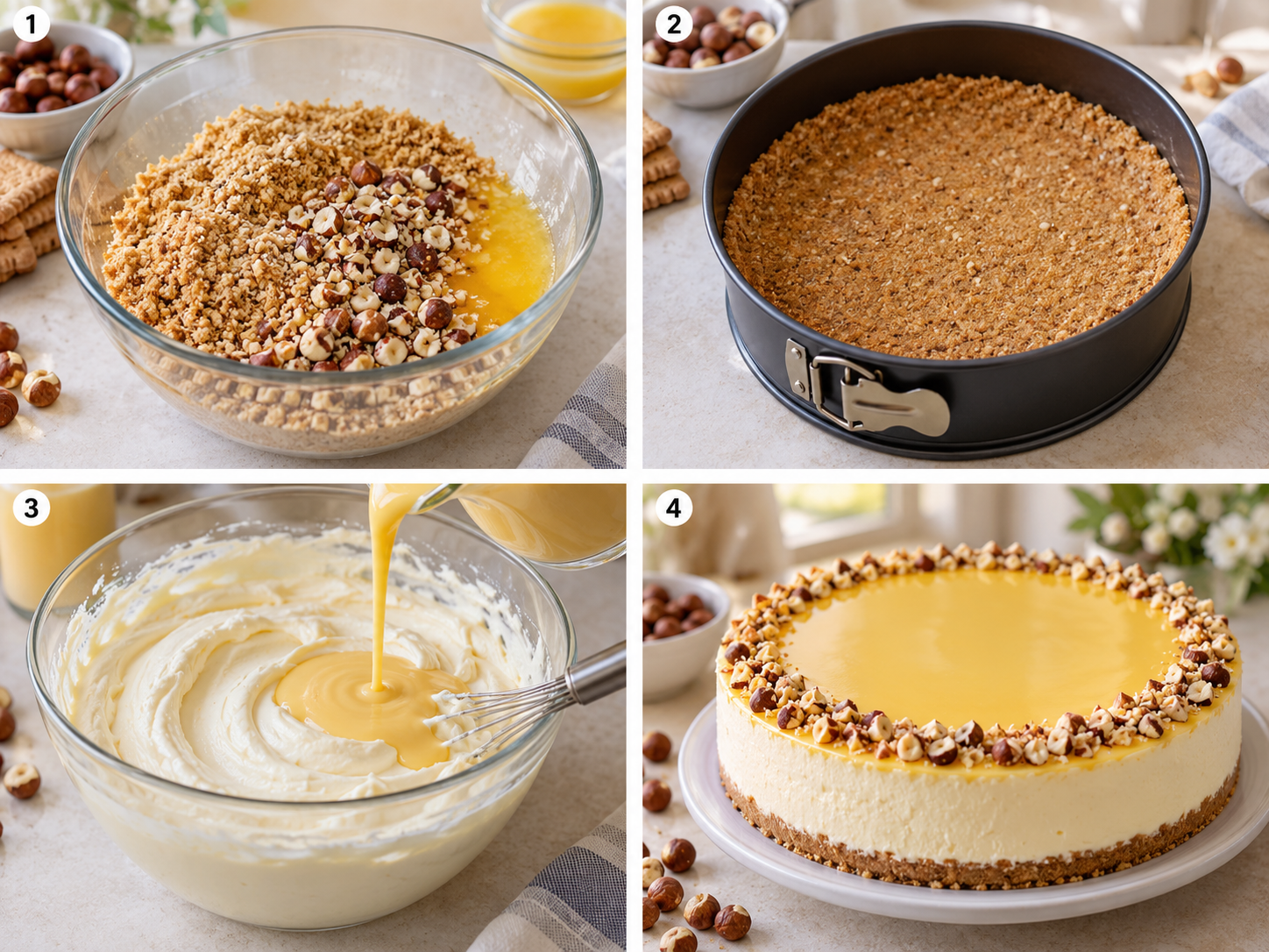 Vier Schritte für Haselnuss-Cheesecake mit Eierlikör ohne Backen