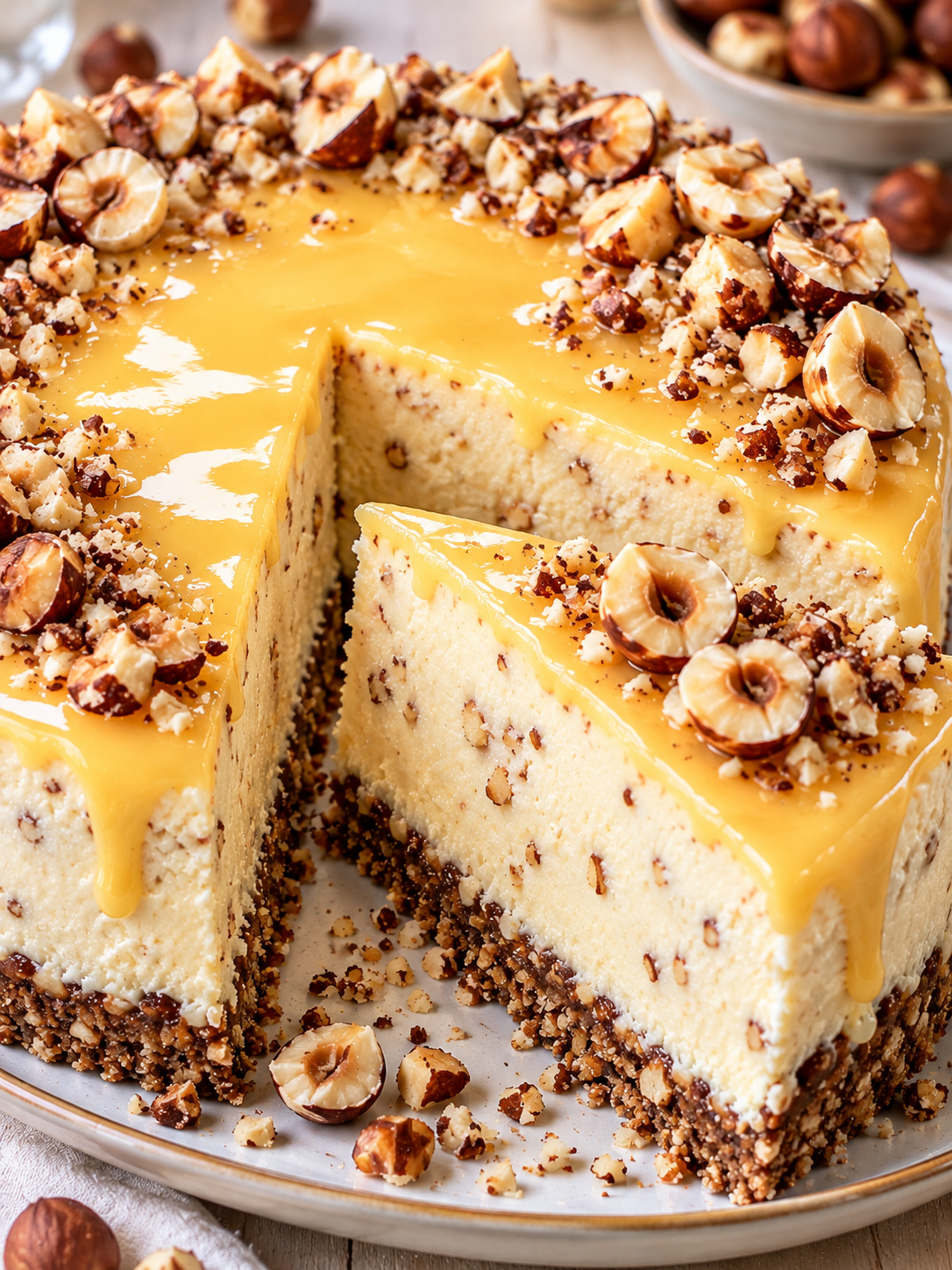 Angeschnittener Haselnuss-Cheesecake mit goldenem Eierlikörguss
