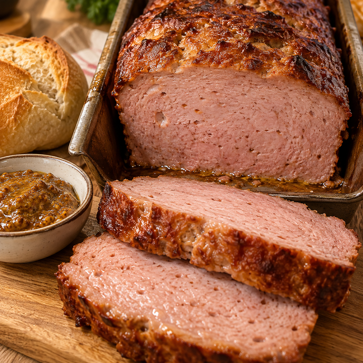 Hausgemachter Leberkäse mit goldbrauner Kruste, Senf und Brötchen
