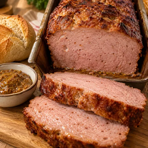 Hausgemachter Leberkäse mit goldbrauner Kruste, Senf und Brötchen