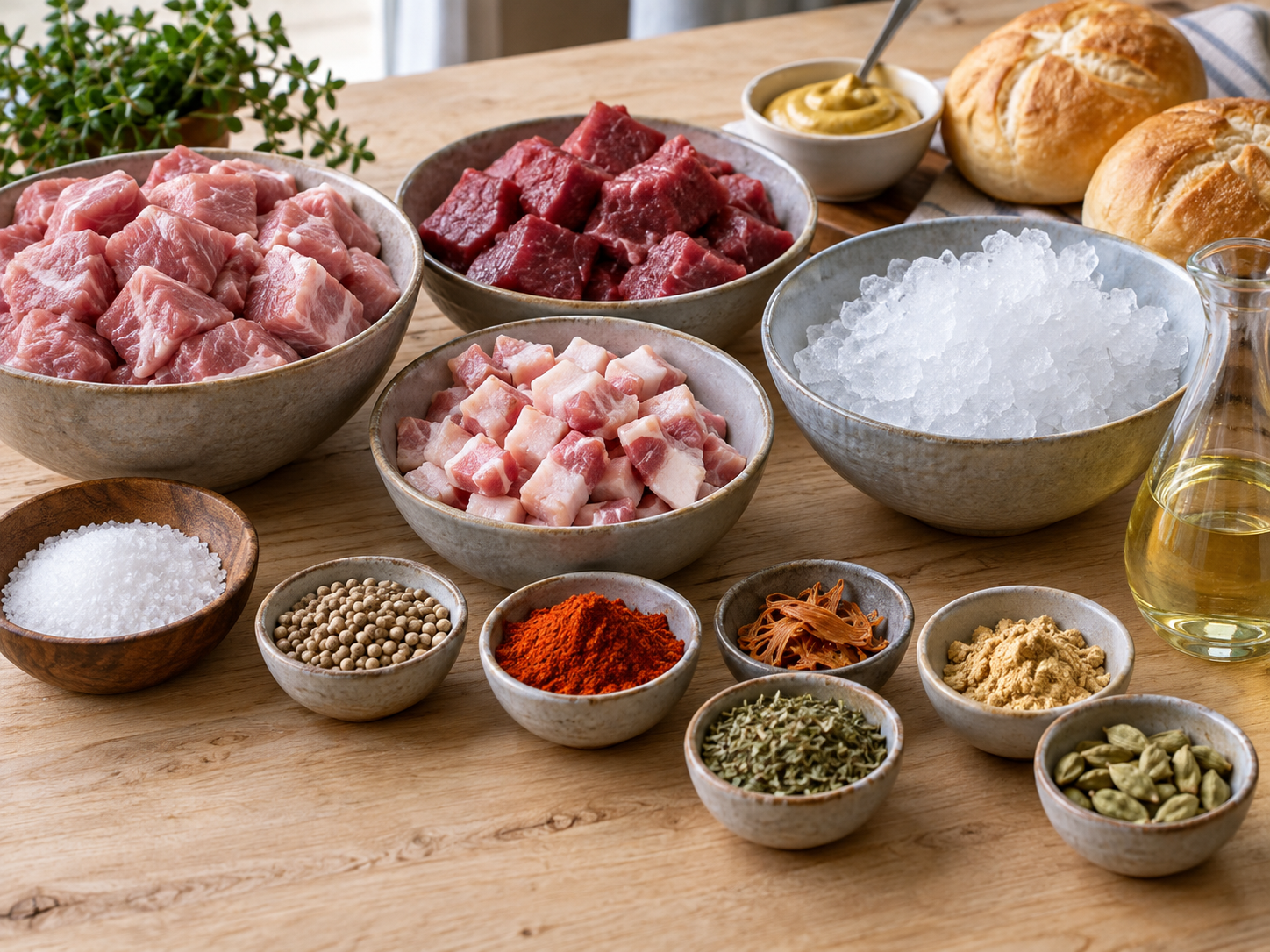 Zutaten für hausgemachten Leberkäse mit Fleisch, Speck, Eis und Gewürzen