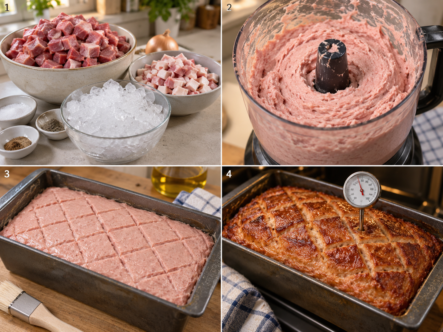 Vier Schritte für Leberkäse vom Kühlen bis zum Backen in der Form