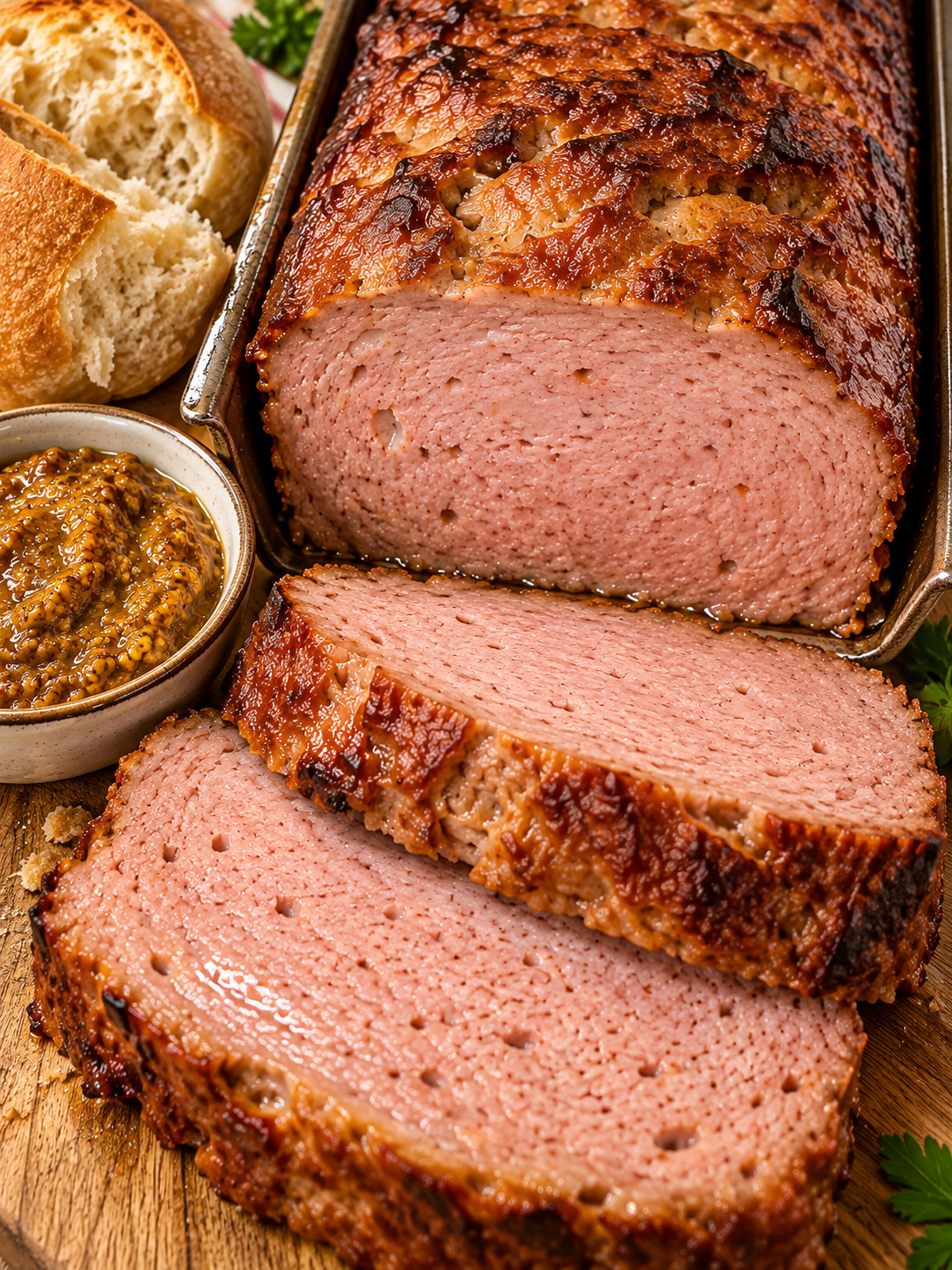 Saftiger Leberkäse in dicken Scheiben mit Senf und Brötchen
