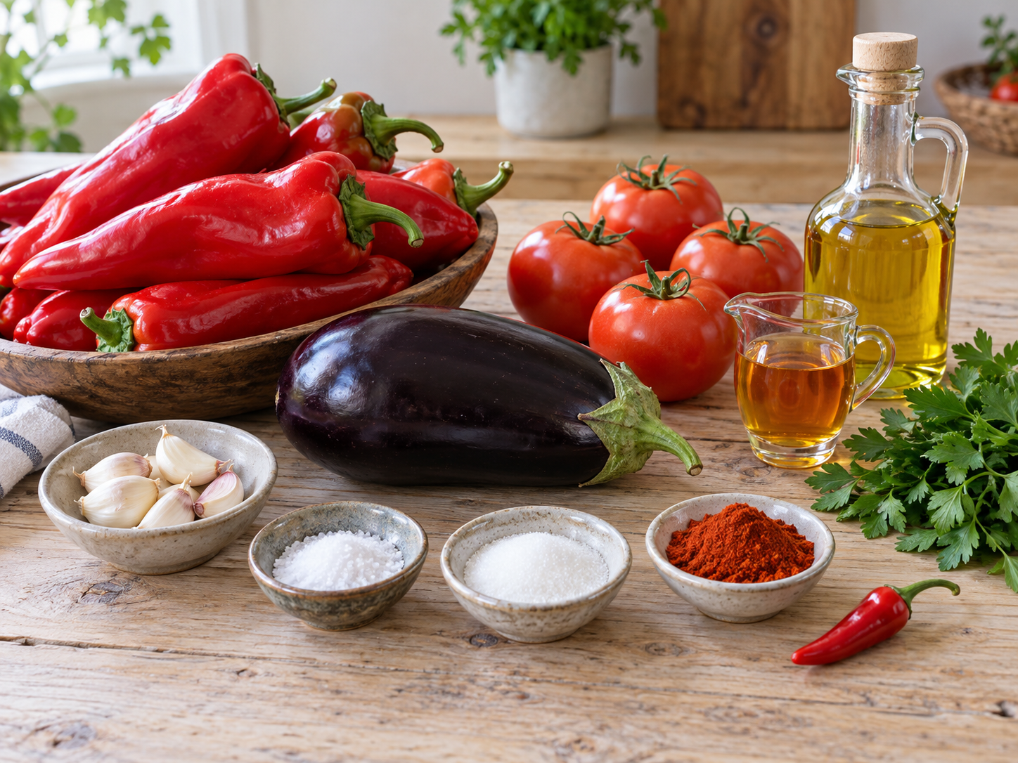 Zutaten für hausgemachten Pinjur mit Paprika, Aubergine und Tomaten