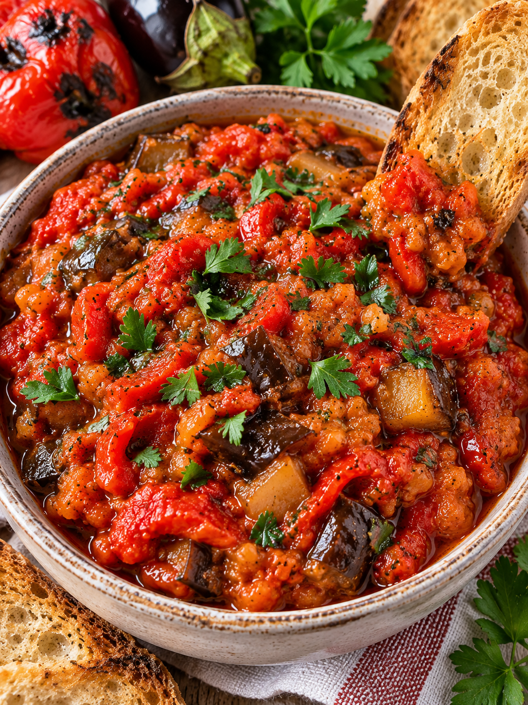 Schale mit hausgemachtem Pinjur und geröstetem Brot