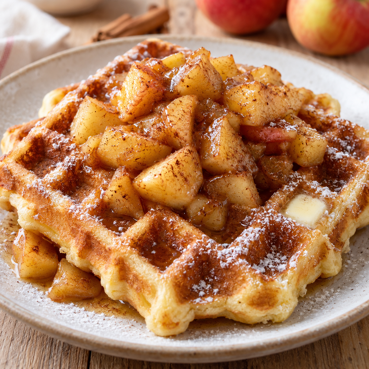 Hefewaffeln mit warmem Apfel-Zimt-Topping auf einem hellen Teller