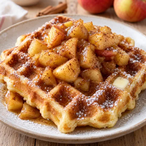 Hefewaffeln mit warmem Apfel-Zimt-Topping auf einem hellen Teller