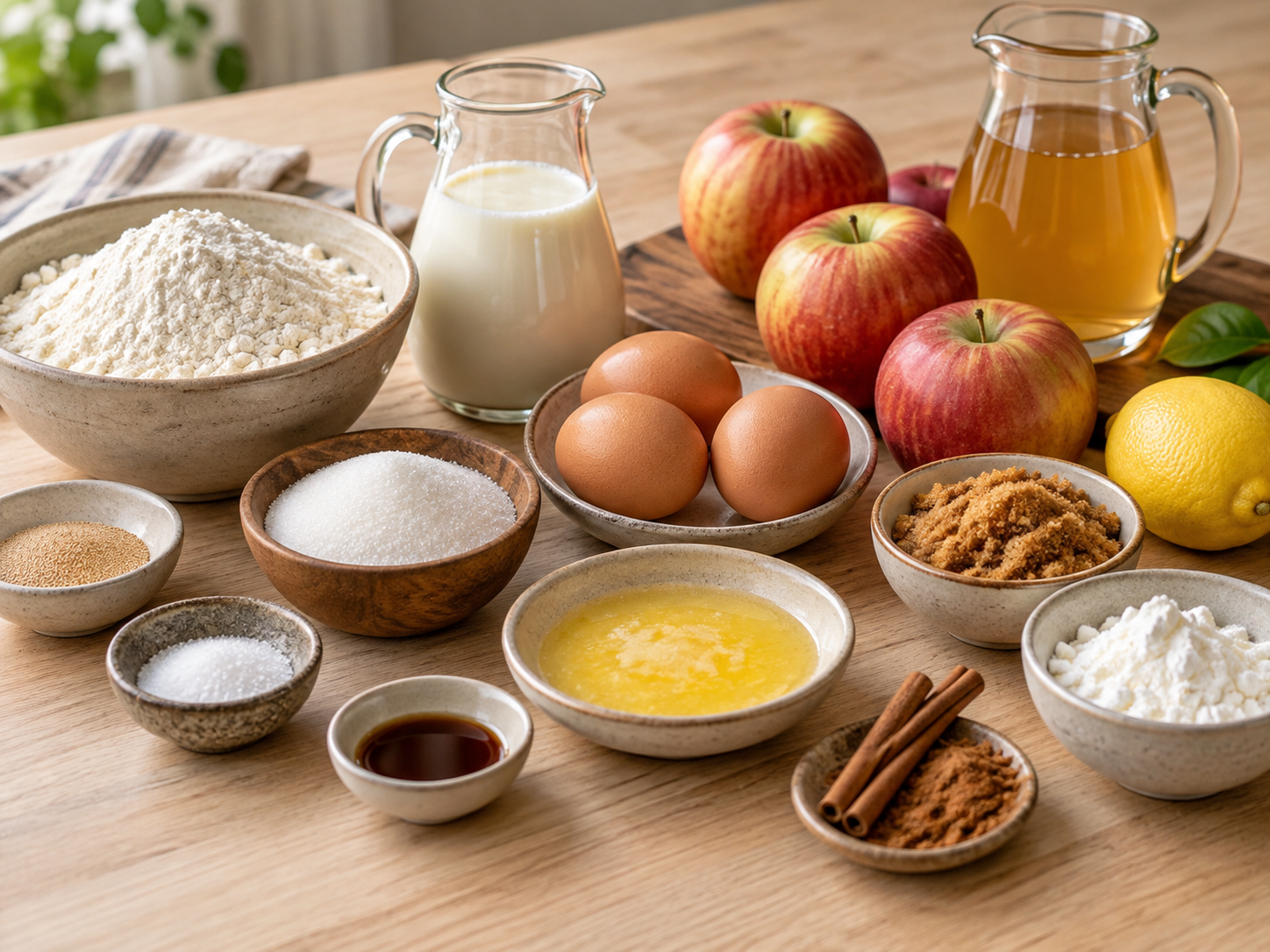Zutaten für Hefewaffeln mit Äpfeln, Zimt, Milch, Eiern und Butter